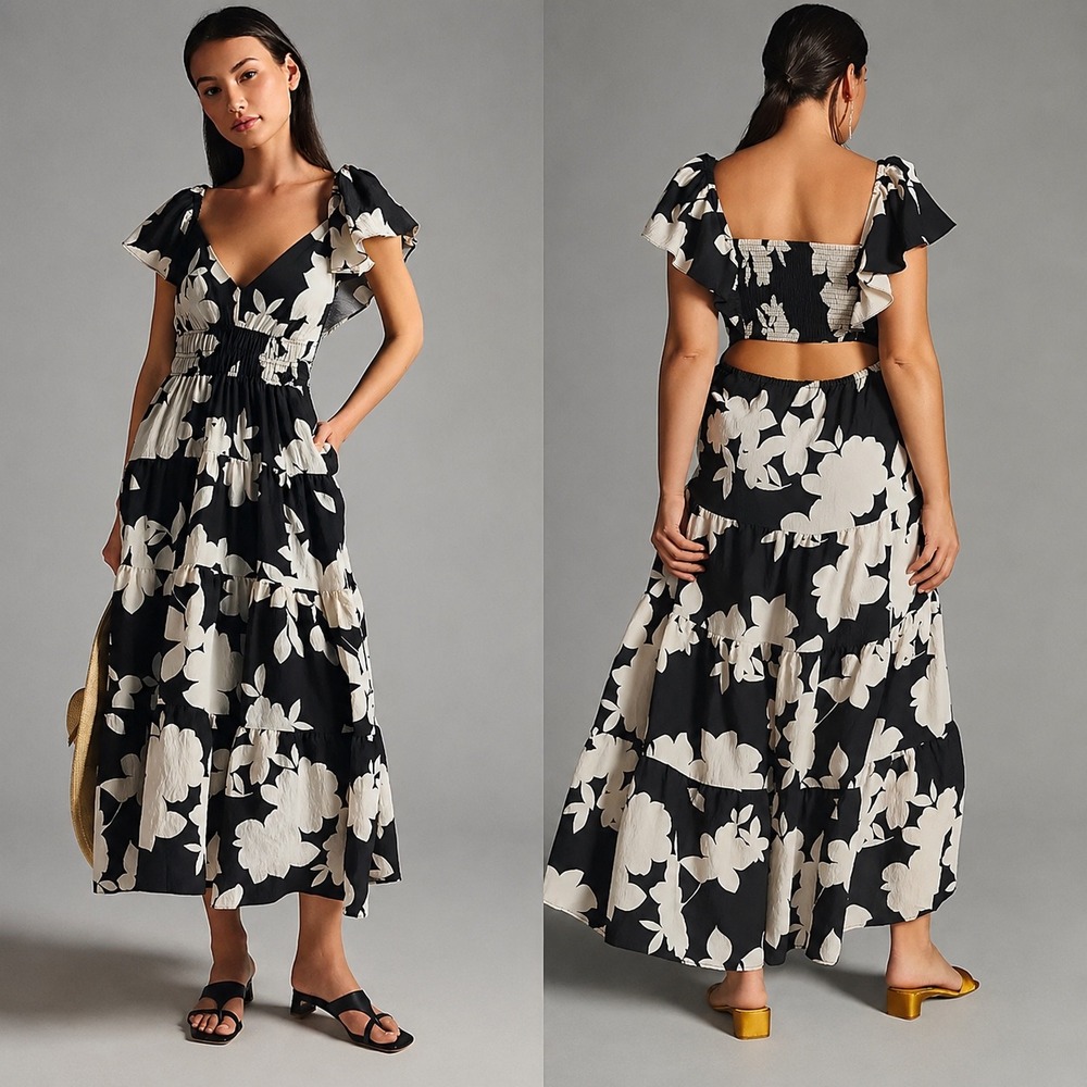 Anthropologie Silverlake Flutter Sleeve Maxi Dress S Black Floral Cutout Back